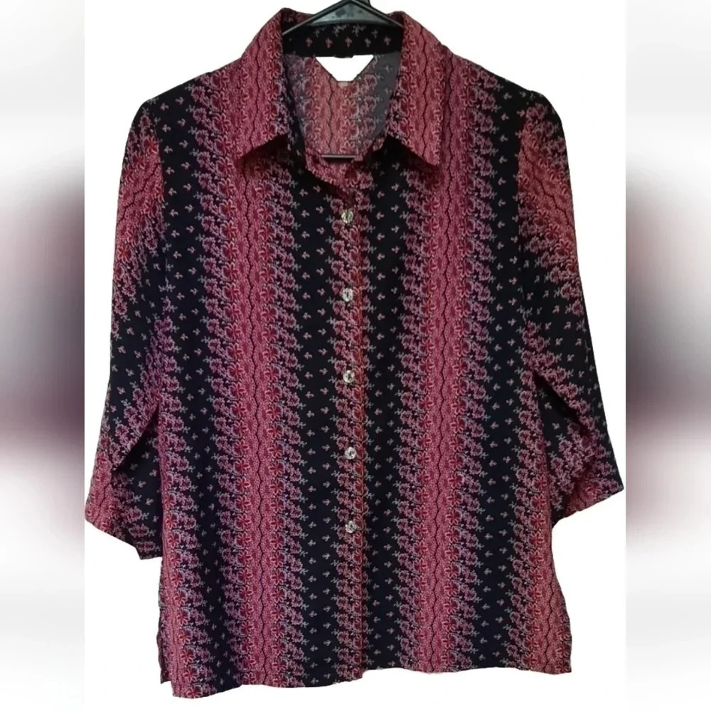 Tak Vintage Black Pink Print Floral  Glitter Button Up Blouse Top Size Large